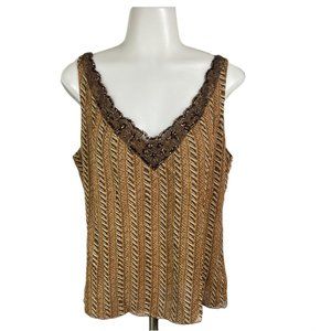 Nine West Brown Silk Sleeveless Blouse Lace Sequin
